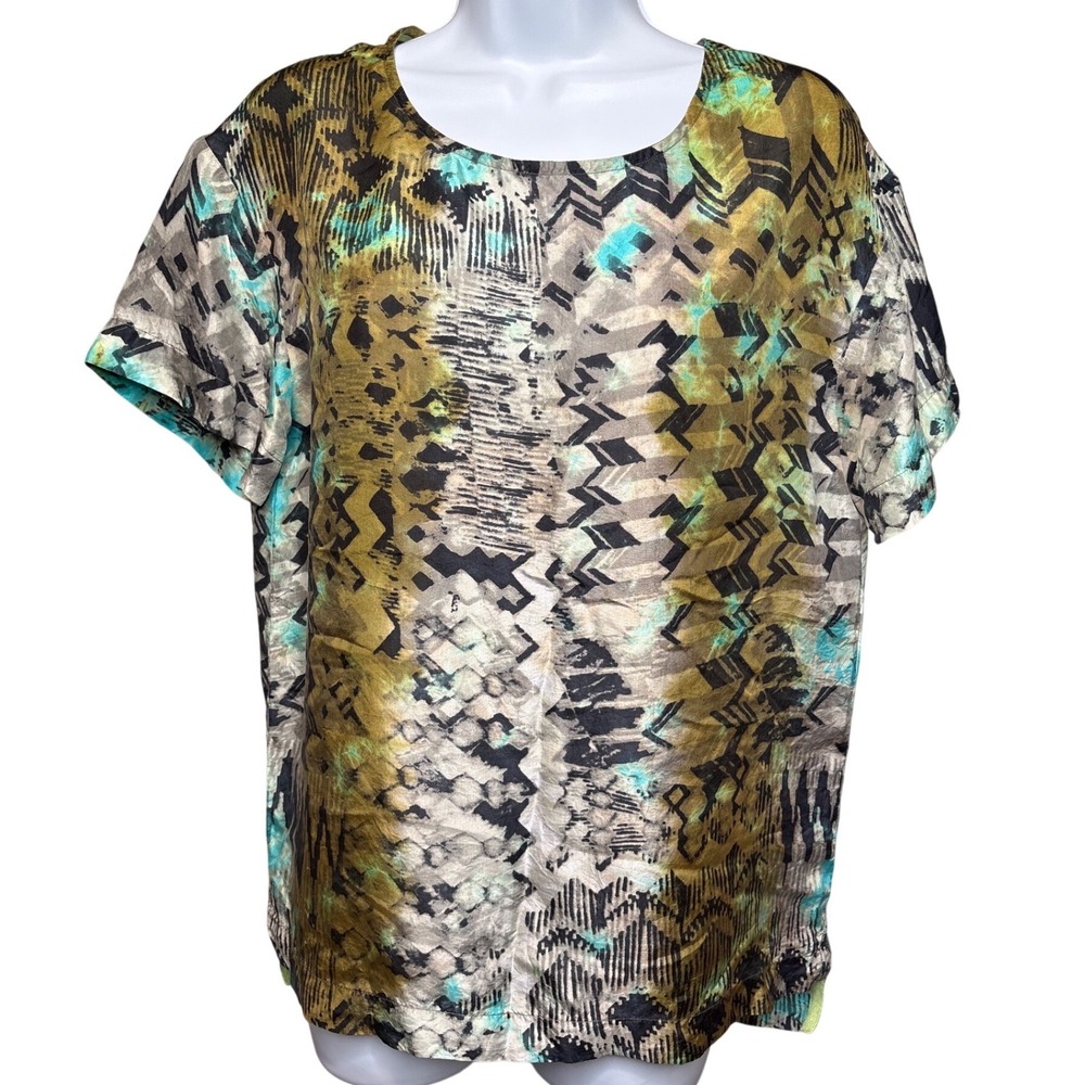 ROBERTA FREYMANN Gold Teal 100% Silk Abstract Geometric Top S Boho-Chic Tribal